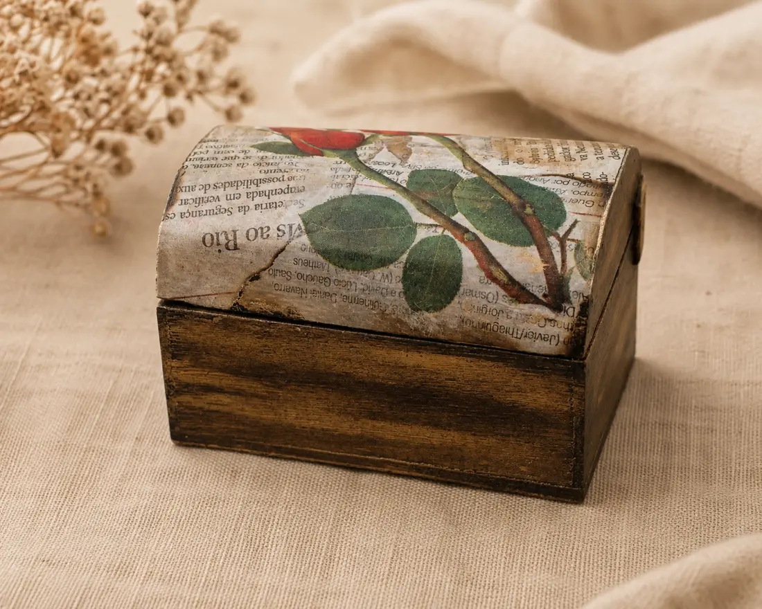 Pequeno baú decorado com técnica de decoupage e acabamento envelhecido