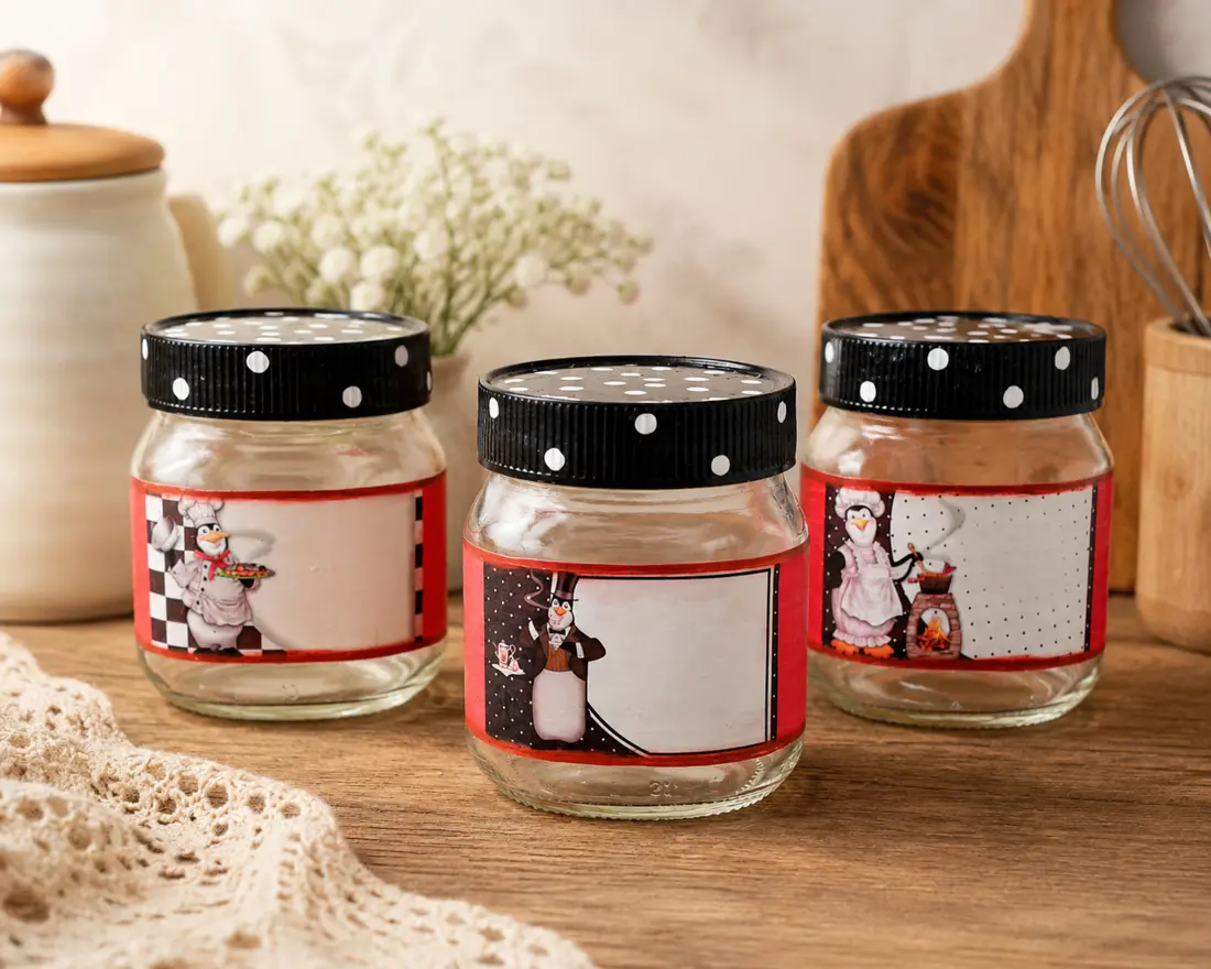 Potes de vidro reaproveitados e decorados com tema de cozinha
