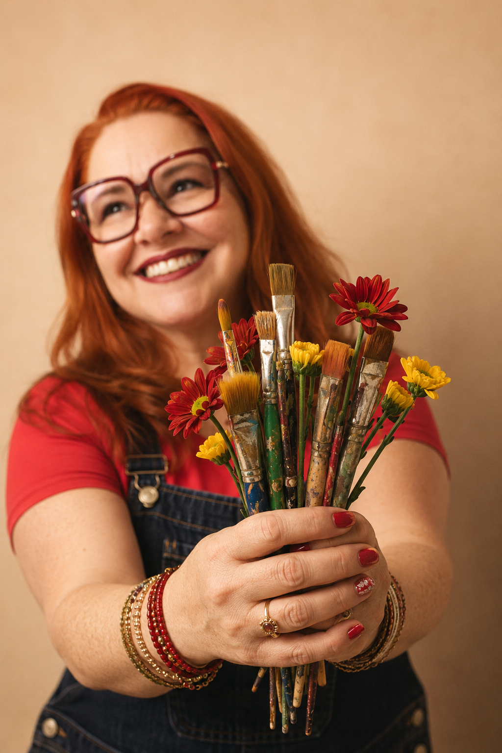 Julici segurando pincéis e flores